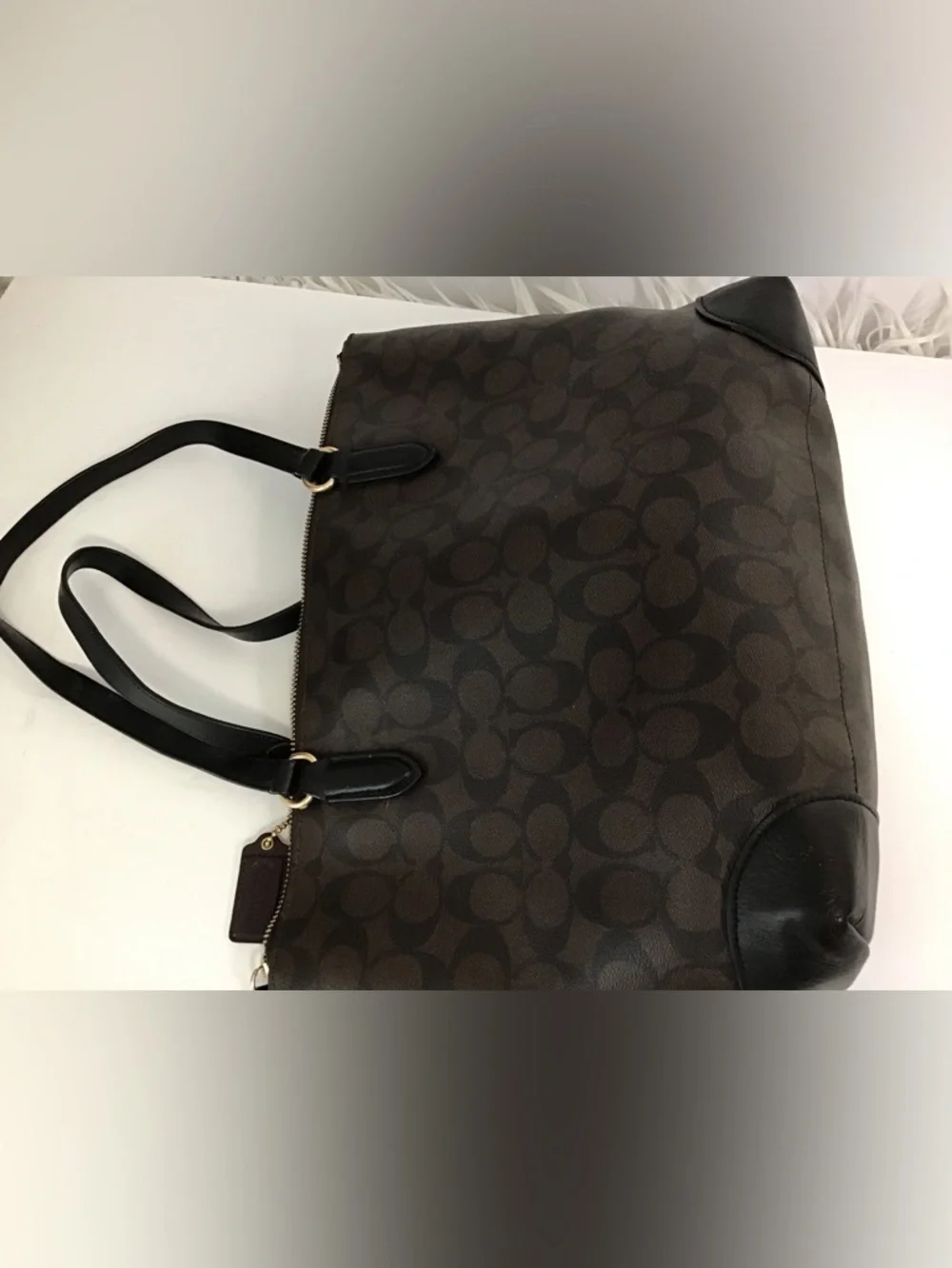Coach Brown Signature Canvas Shoulder Tote with Black Straps